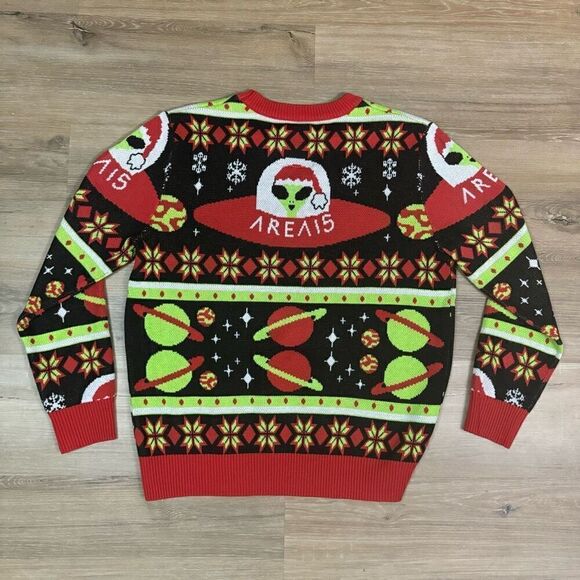 Area 15 Men's XL Alien Santa Ugly Christmas Sweater Green Red Spaceship Planets - Picture 4 of 4